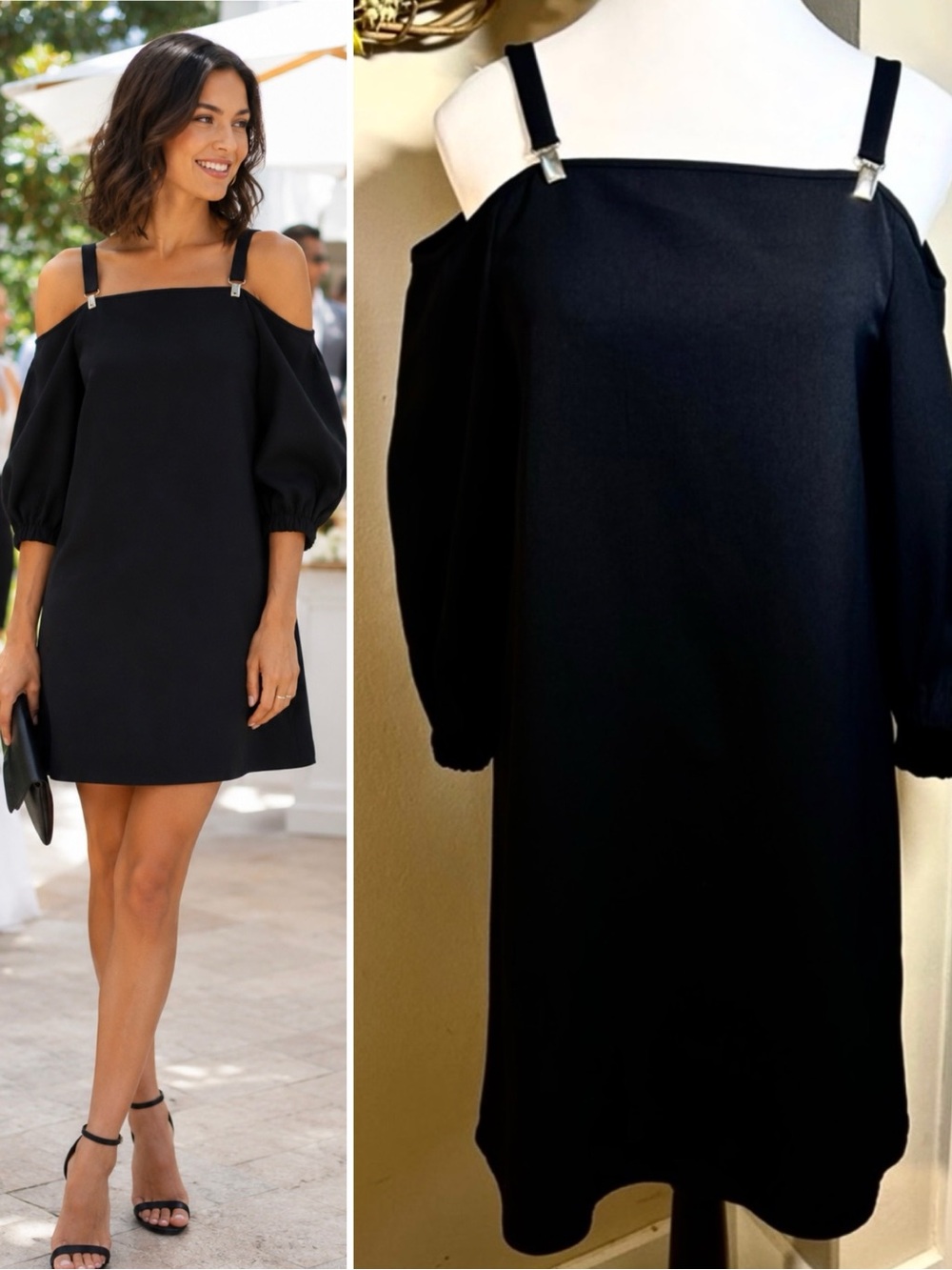 TIBI Suspender Drape Cold Shoulder Twill Black Mini Shift Dress Sz 0💛